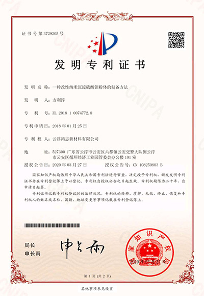 Precipitated barium sulfate Patent certificate